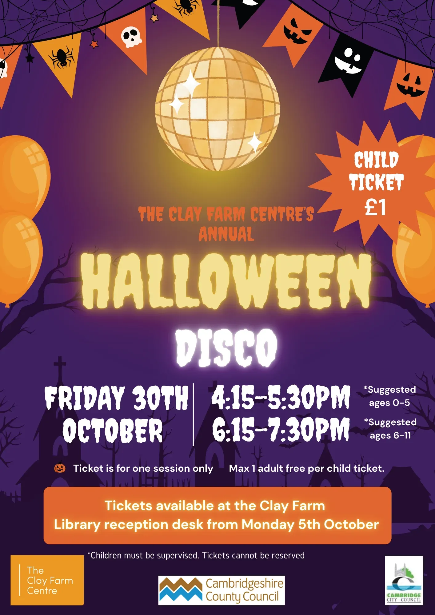 Poster for the Clay Farm Centre Halloween Disco on 30 October