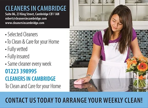 Cleaners in Cambridge advert offering weekly home cleaning