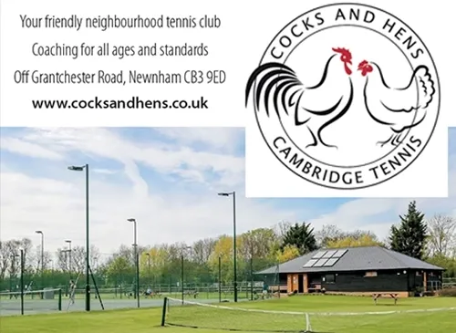 Cocks and Hens Cambridge Tennis club advert showing its courts and clubhouse