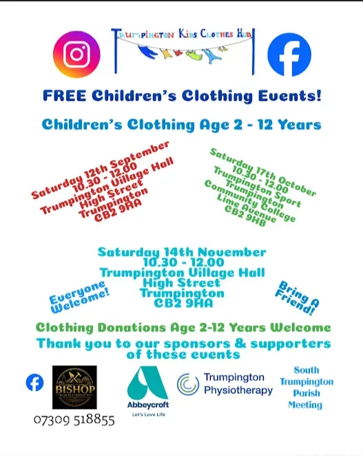 Flyer for free children’s clothes on 17 October at Trumpington Community College and 14 November at Trumpington Village Hall