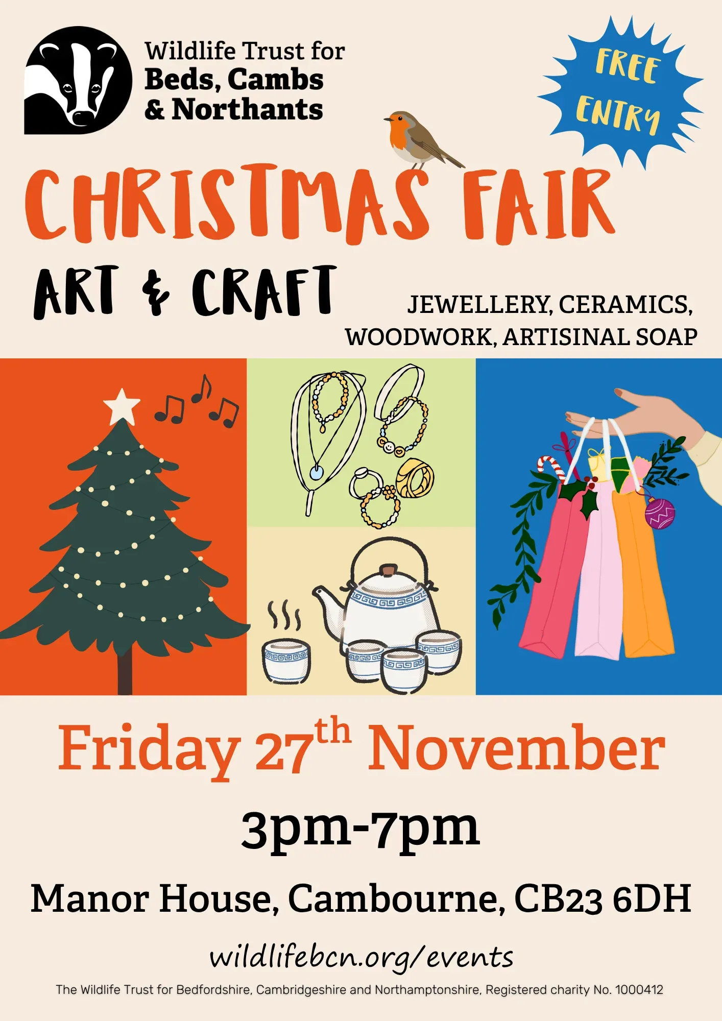 Wildlife Trust BCN Christmas Fair poster: Friday 27 November, 3–7pm at Manor House, Cambourne
